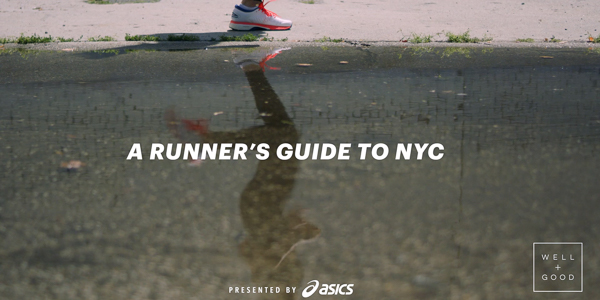 runner striding in front of a puddle, "a runners guide to nyc powerd by asics" text centered
