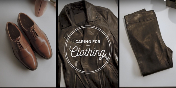 triptych with shoes, leather jacket, and leather pants with the text "caring for clothing in the center panel"